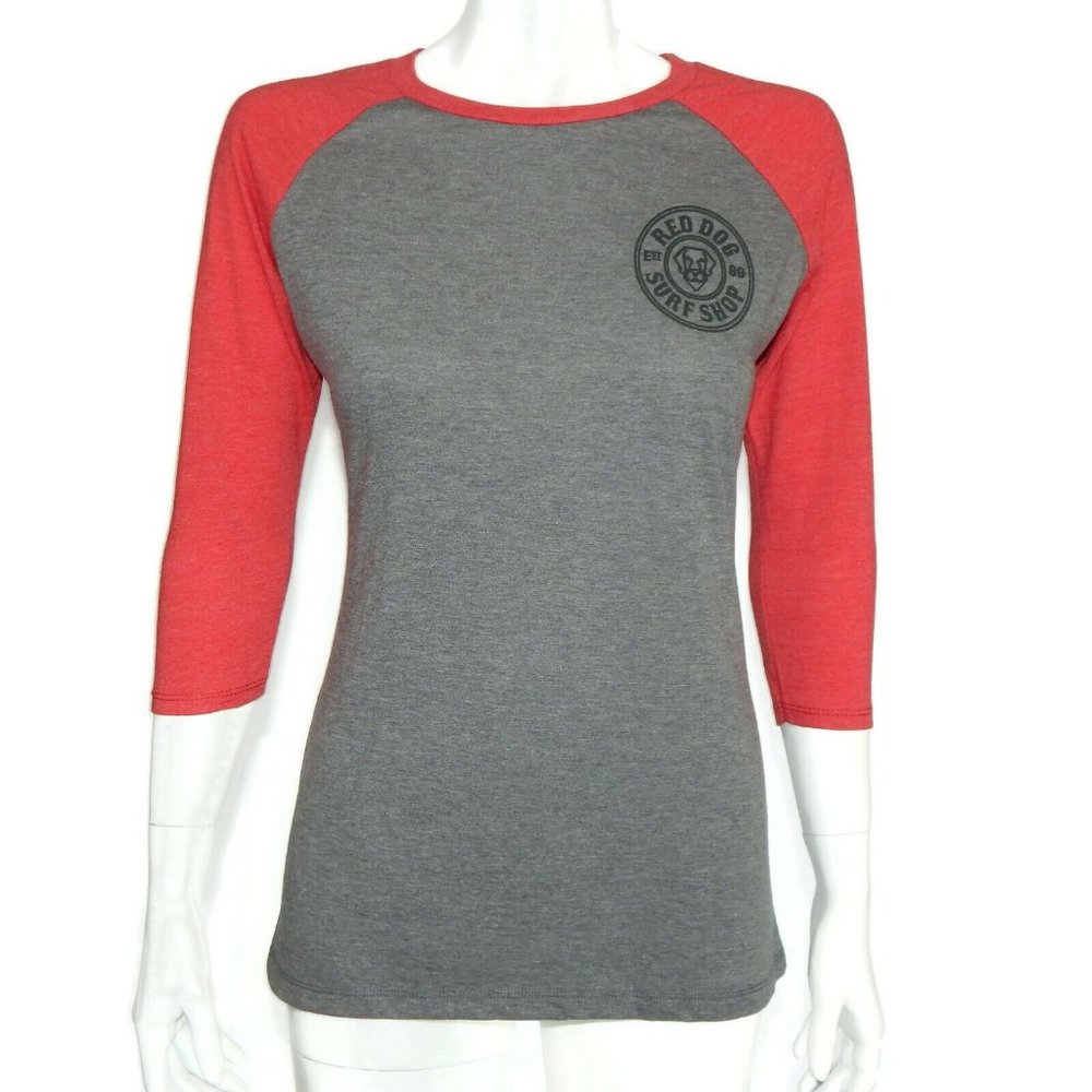 RED DOG SURF SHOP Est 89 Gray Red Sleeve Women's Baseball T-Shirt Tee size XS/S